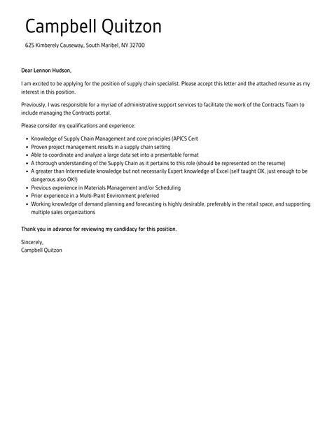 Supply Chain Specialist Cover Letter Velvet Jobs