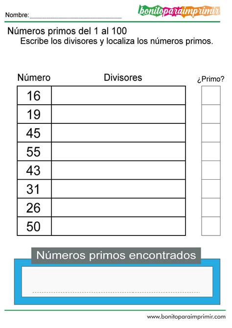 Números Primos Del 1 Al 100 Bonito Para Imprimir