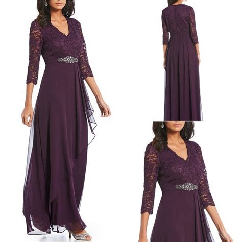 Elegant Chiffon Long Mother Of The Bride Dresses V Neck 3 4 Sleeve Lace Beads Wedding Groom