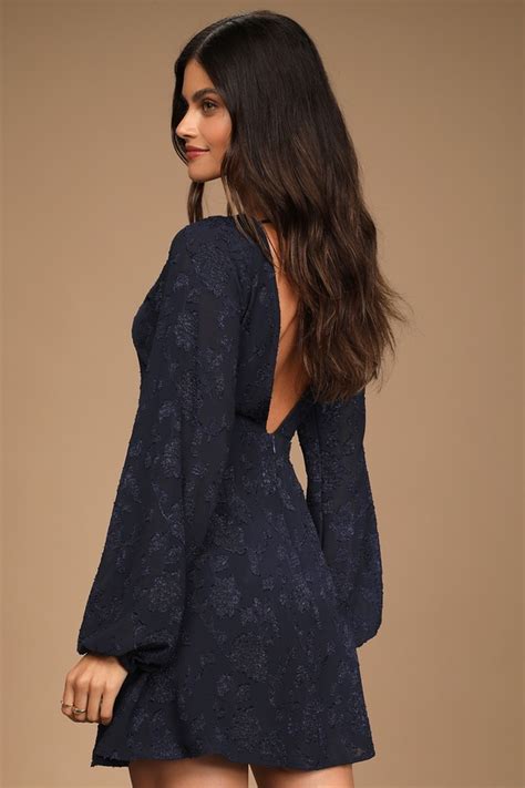 Navy Blue Mini Dress Floral Jacquard Dress Long Sleeve Dress Lulus