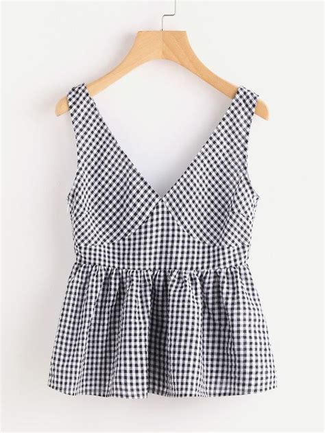 Double Plunge Neck Gingham Peplum Shell Top SheIn Sheinside Fashion