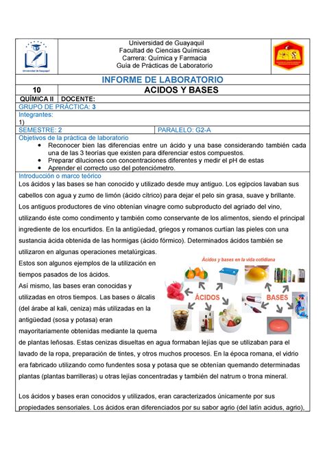 Ácidos y Bases Informe de laboratorio Universidad de Guayaquil