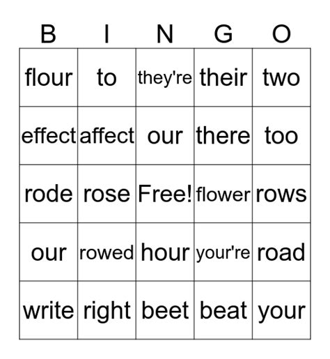 Homophone Bingo Card