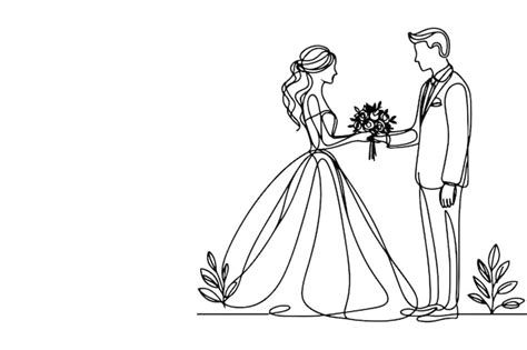 One Continuous Single Drawing Black Line Art Doodle Wedding Couple