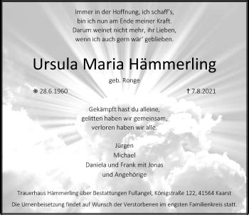 Alle Traueranzeigen F R Ursula Maria H Mmerling Trauer Rp Online De