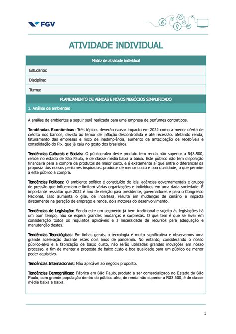 Matriz Planejamento De Vendas Novos Negocios Atividade Individual