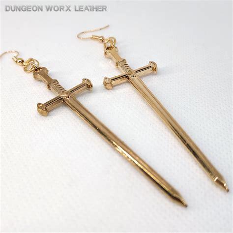 Large Broad Sword Dangle Earrings in GOLD | Dungeon Worx Leather