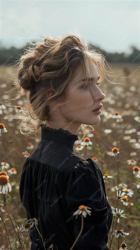 Premium Photo A Woman In A Field Of Flowers With Her Hair Blowing In The Wind