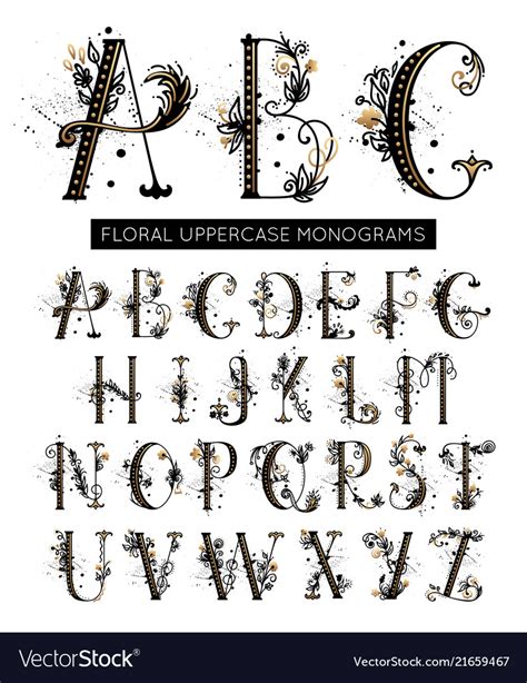 Alphabet Hand Drawn Floral Uppercase Letters Vector Image