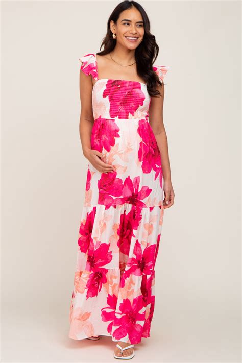 Fuchsia Floral Smocked Tiered Maternity Maxi Dress Pinkblush