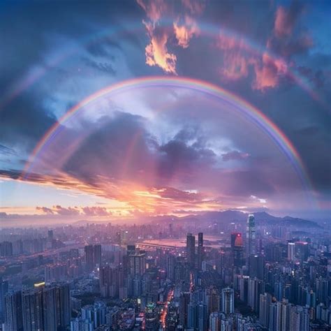rainbow  city image rainbow cityscape sunset