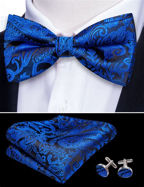 Peacock Blue Paisley Pre Tied Bow Tie Hanky Cufflinks Set