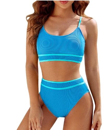 Womens Halter High Waisted Bikini Sets Color Block Sporty Swimsuit Two