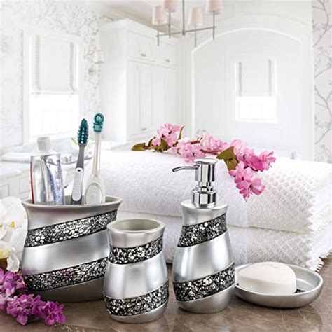 Creative Scents Grey Bathroom Accessories Set 4 Piece Silver Mosaic