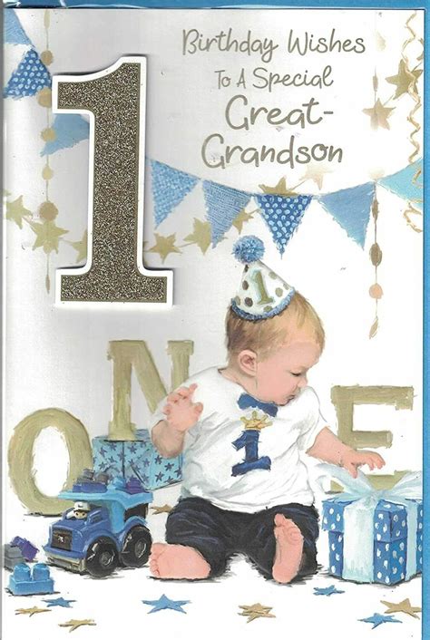 Great Grandson 1st Birthday Card Boy And Bunting Design Lovely Quality