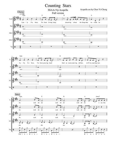 Counting Stars Ssaa Acapella Full Version Sheet Music For Piano