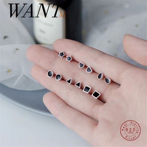 WANTME Mini Cute Geometric Black Zircon Stud Earrings For Women Genuine