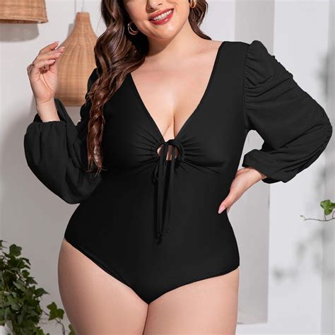 Hcuribad Swim Suits Woman S Long Sleeve Sun Protective Sexy Plus Size Bikini V Neck