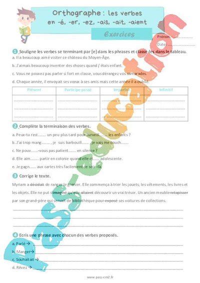 Les Verbes En é Er Ais Ait Ez Exercices Dorthographe Pour Le