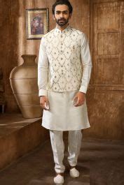 Buy Cream Art Banarasi Silk Mens Nehru Jacket NMK 6371 Online