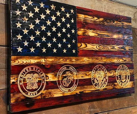 All Military Branches Wooden American Flag Signature Carved In