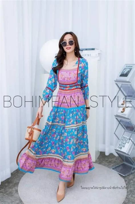 Bohemian Dressชุ ดเด รส ยาวผ้าสปันพิมพ์ ลาย ดอกไม้ สไตล์ โบฮีเมียน ใส่