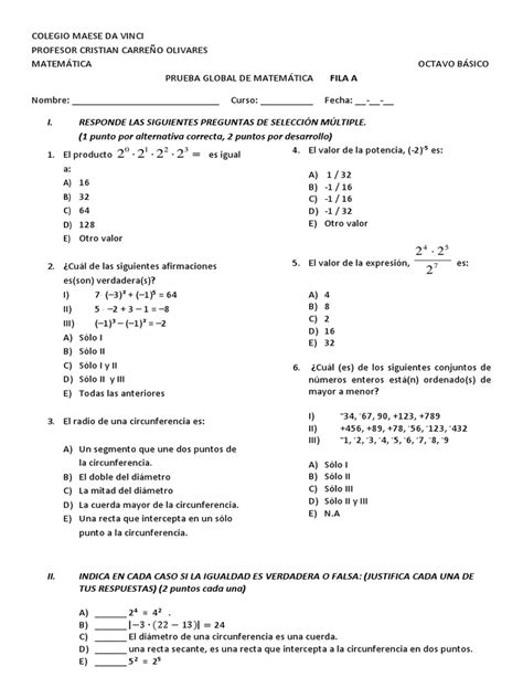 Prueba Global De Octavo Basico Pdf Circulo Geometría Elemental