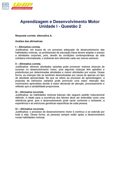 Resolução do LT Unidade I Aprendizagem e Desenvolvimento Motor