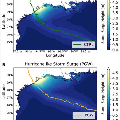 | (A) Maximum storm surge levels of the Hurricane Ike CTRL simulation ...