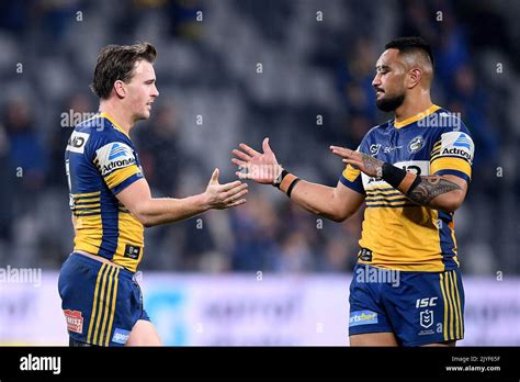 Clint Gutherson Of The Eels Left Celebrates With Marata Niukore