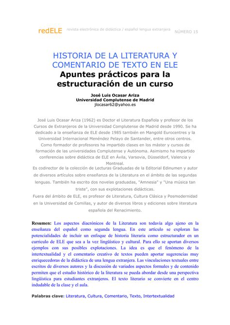 Hª de la Literatura y comentario de texto en ELE Apuntes prácticos