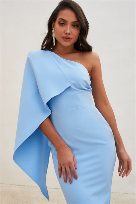 Lavish Alice One Shoulder Cape Midi Dress In Cornflower Blue Arelias