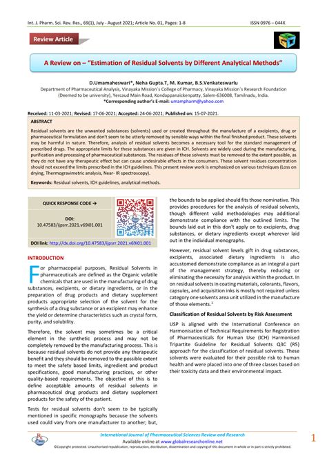 Pdf A Review On Estimation Of Residual Solvents By Different