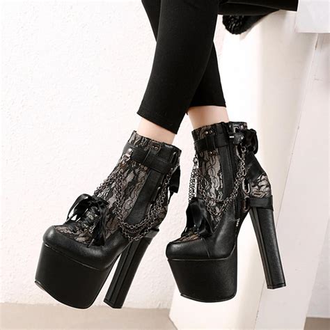 Black Lace Gothic Lolita Chunky Platforms Super High Heels