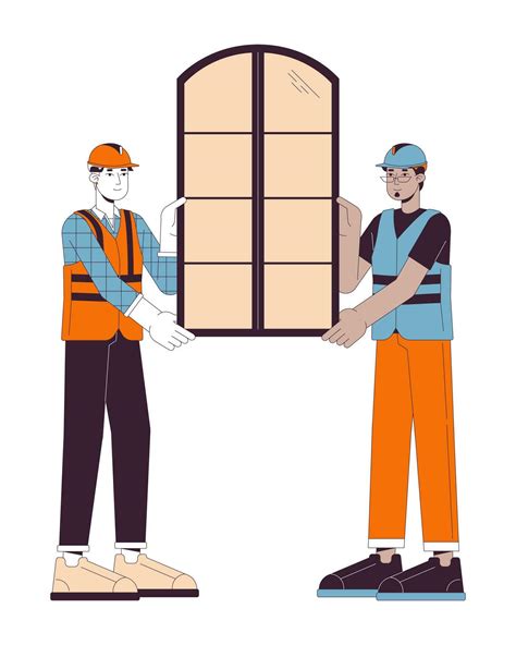 Window installation home line cartoon flat illustration. Window fitters