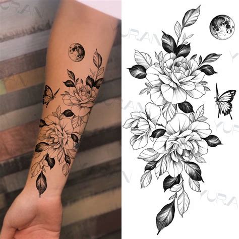 Black Large Snake Flower Fake Tattoo Sticker For Women Dot Rose Peony