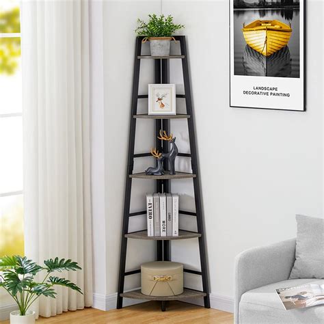 Buy Industrial Corner Shelf Stand 5 Tier Wood Corner Bookshelf Rustic