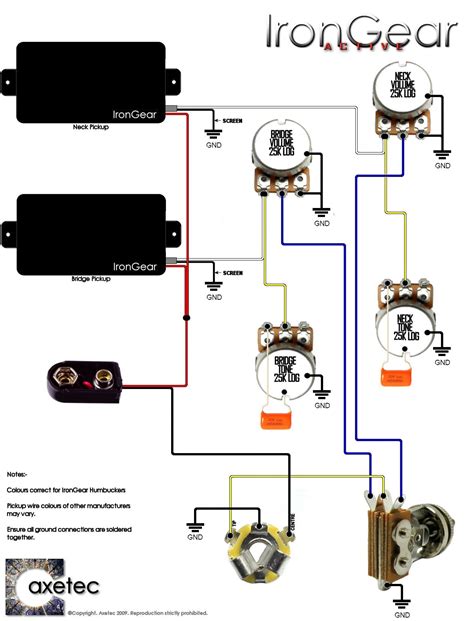 1 Tone 2 Volume Active Pickups Wiring Diagram