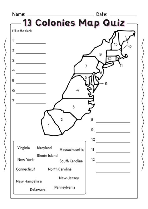 13 Colonies Quiz Printable