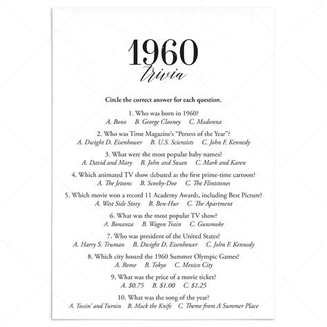 1960's Trivia Questions And Answers Printable