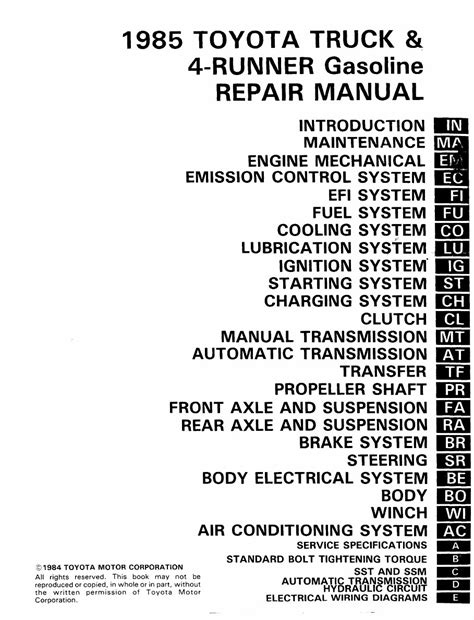 1985 Toyota Truck 4 Runner Service Repair Manual