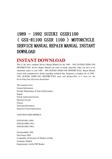 1989 1992 Suzuki Gsxr 1100 Service Repair Manual Instant Download