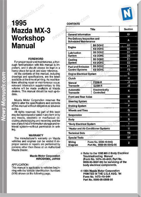 1995 Mazda Mx3 V6 Workshop Service Repair Manual