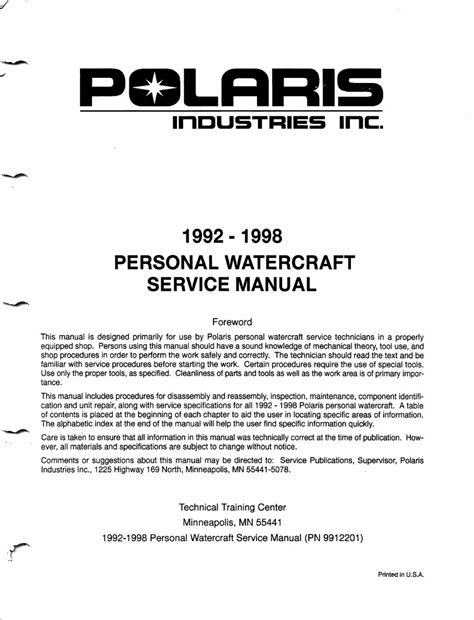 1996 1998 Polaris Personal Watercraft Service Manual Pwc