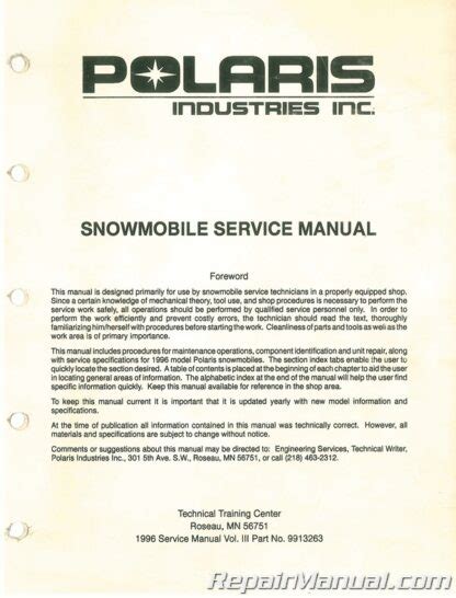 1996 1998 Polaris Snowmobile Service Repair Manual Download 96 97 98