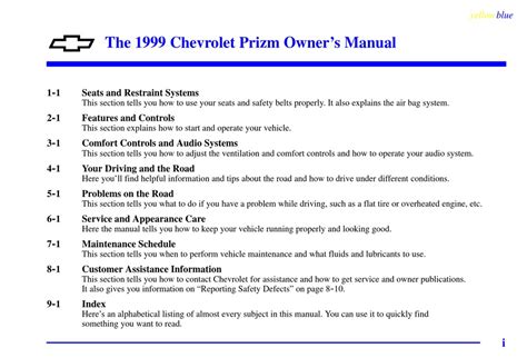 1999 Chevy Chevrolet Prizm Owners Manual