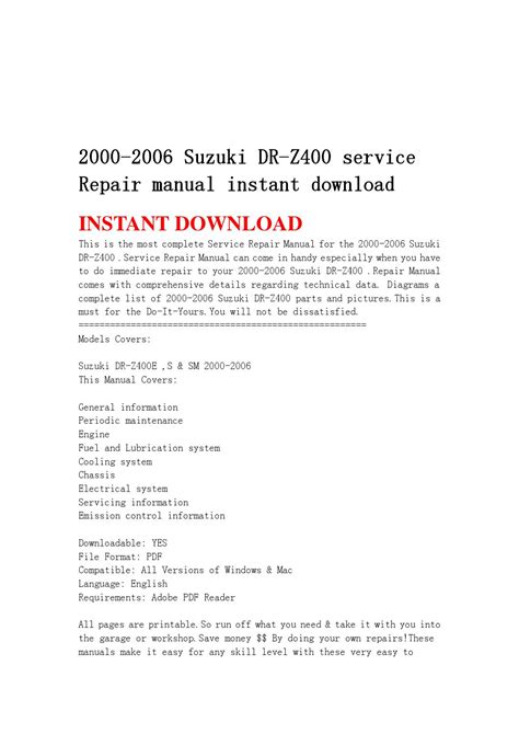 2000 2006 Suzuki Dr Z400 Service Repair Manual Instant