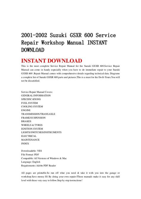 2001 2002 Suzuki Gsxr 600 Service Repair Workshop Manual Instant Download