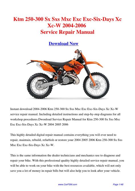 2004 2006 Ktm 250 300 Sx Sxs Mxc Exc Exc Six Days Xc Xc W Motorcycle Workshop Repair Service Manual