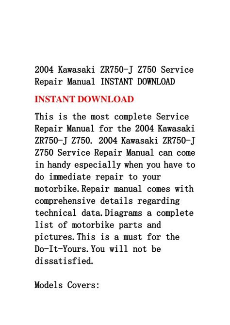 2004 Kawasaki Zr750 J Z750 Service Repair Manual Instant Download